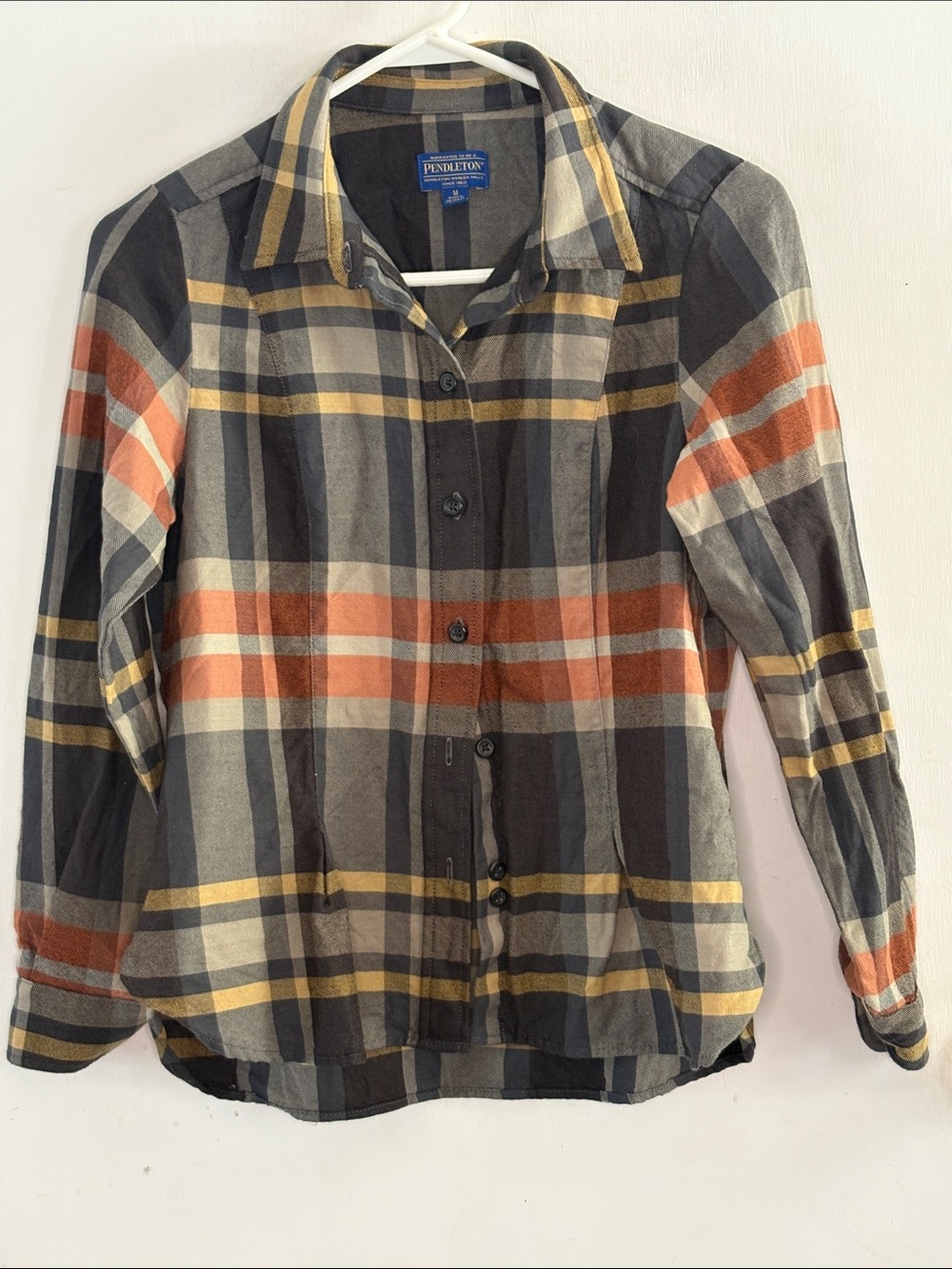 Pendleton grey orange gold plaid long sleeve virgin wool shirt Size Medium